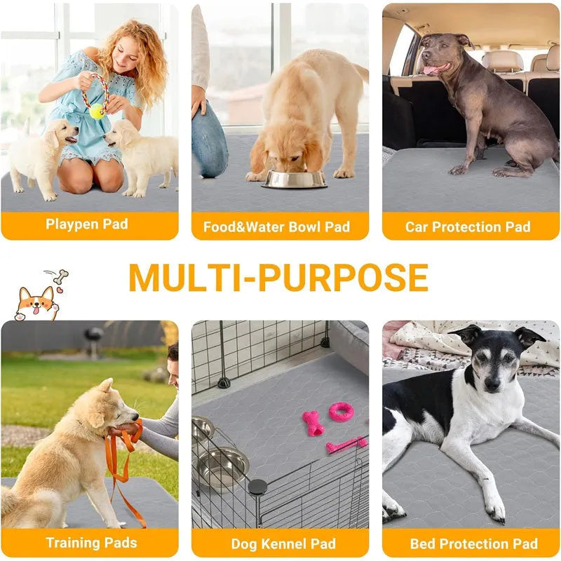 Tan and grey washable dog pee pad on a wooden floor, measuring 18 by 24 inches.