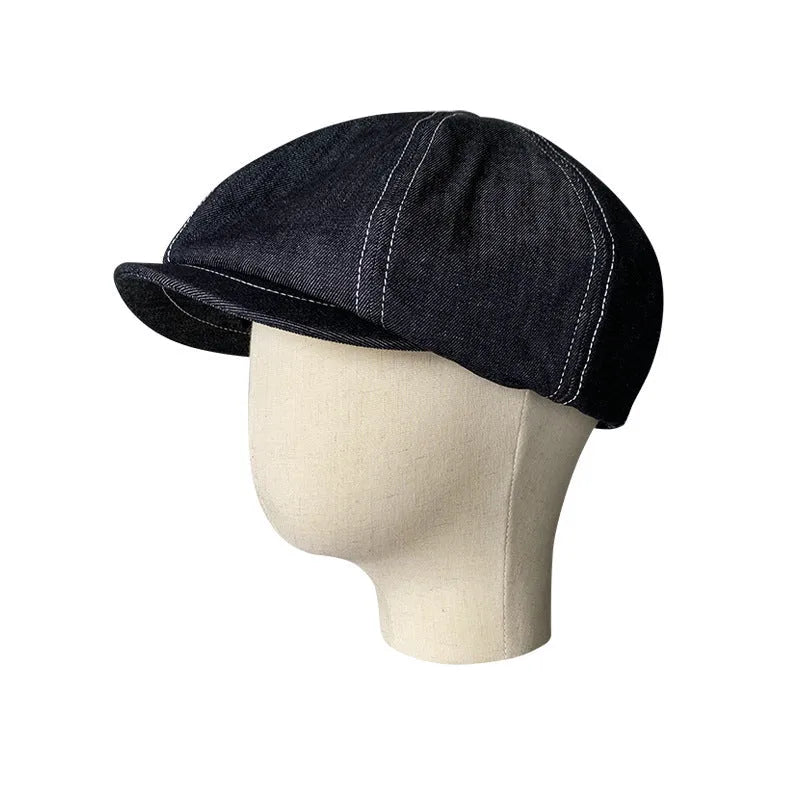 Black Japanese denim cotton beret hat shown on adult head