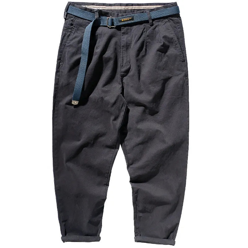Men's Japanese retro loose tapered casual trousers in dark blue, wool blend fabric