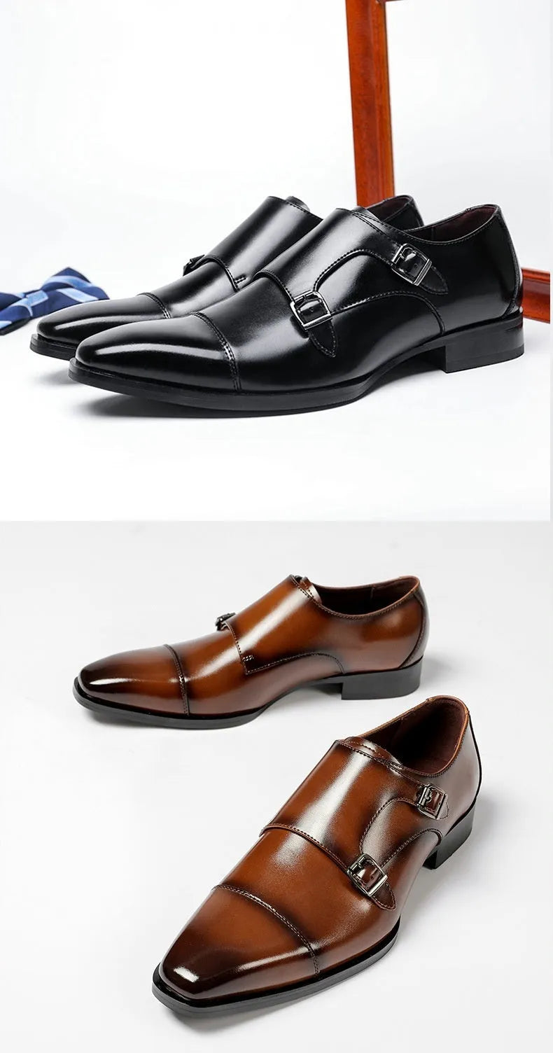 Men's black and light brown leather business shoes with square toe and rubber soles