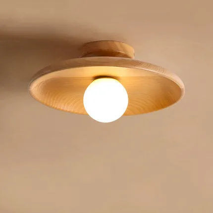 Solid wood modern minimalist ceiling lamp with glass shade in three sizes.