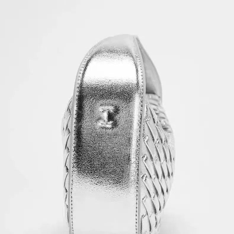 Silver Korean-style PU crossbody shoulder bag with weaving detail horizontal rectangular shape