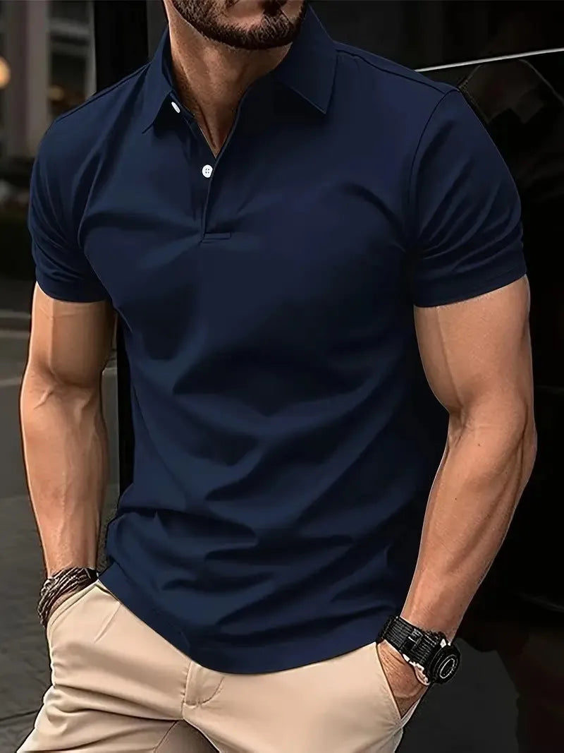 Men's slim fit solid colour short sleeve button-up shirt on a hanger.