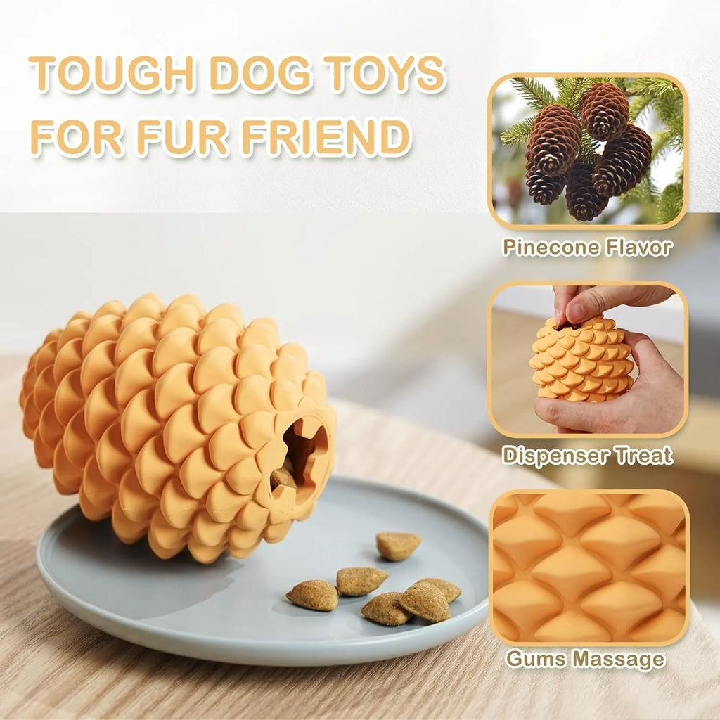 Yellow pine cone-shaped natural rubber dog chew toy with textured surface.
