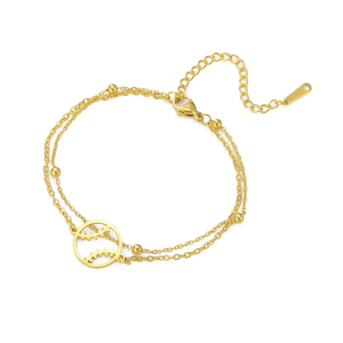 Unisex stainless steel bracelet with hollow baseball design and double-layer chain in gold or steel colour