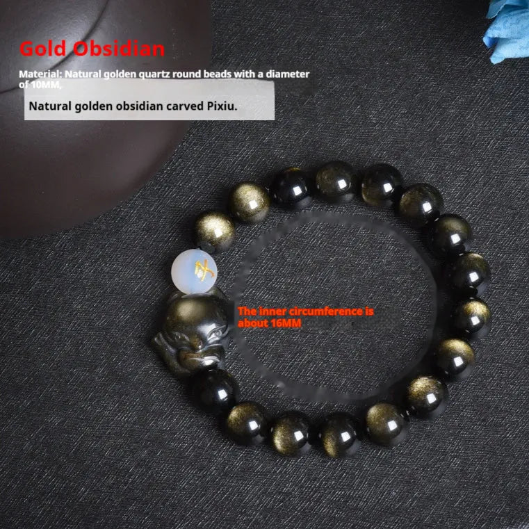 Natural obsidian bracelet with zodiac charm in gold, silver, or black stone styles.