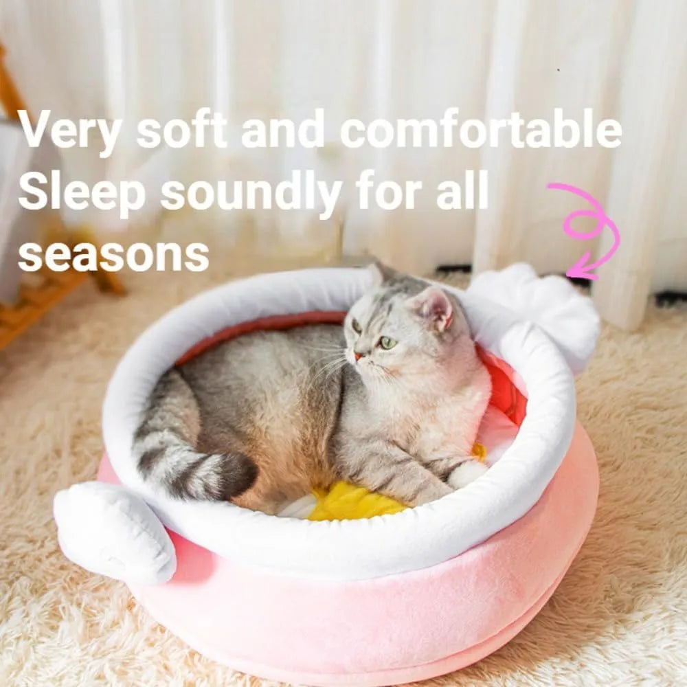 Pink honey pot-shaped enclosed cat sofa bed with a soft fabric exterior and a removable cushion.