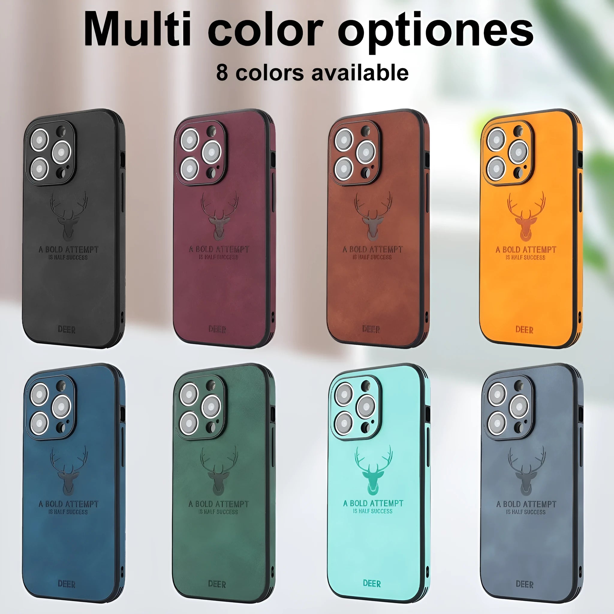 iPhone 16 magnetic charging case with embossed moose head design in imitation leather, shown in multiple colours.