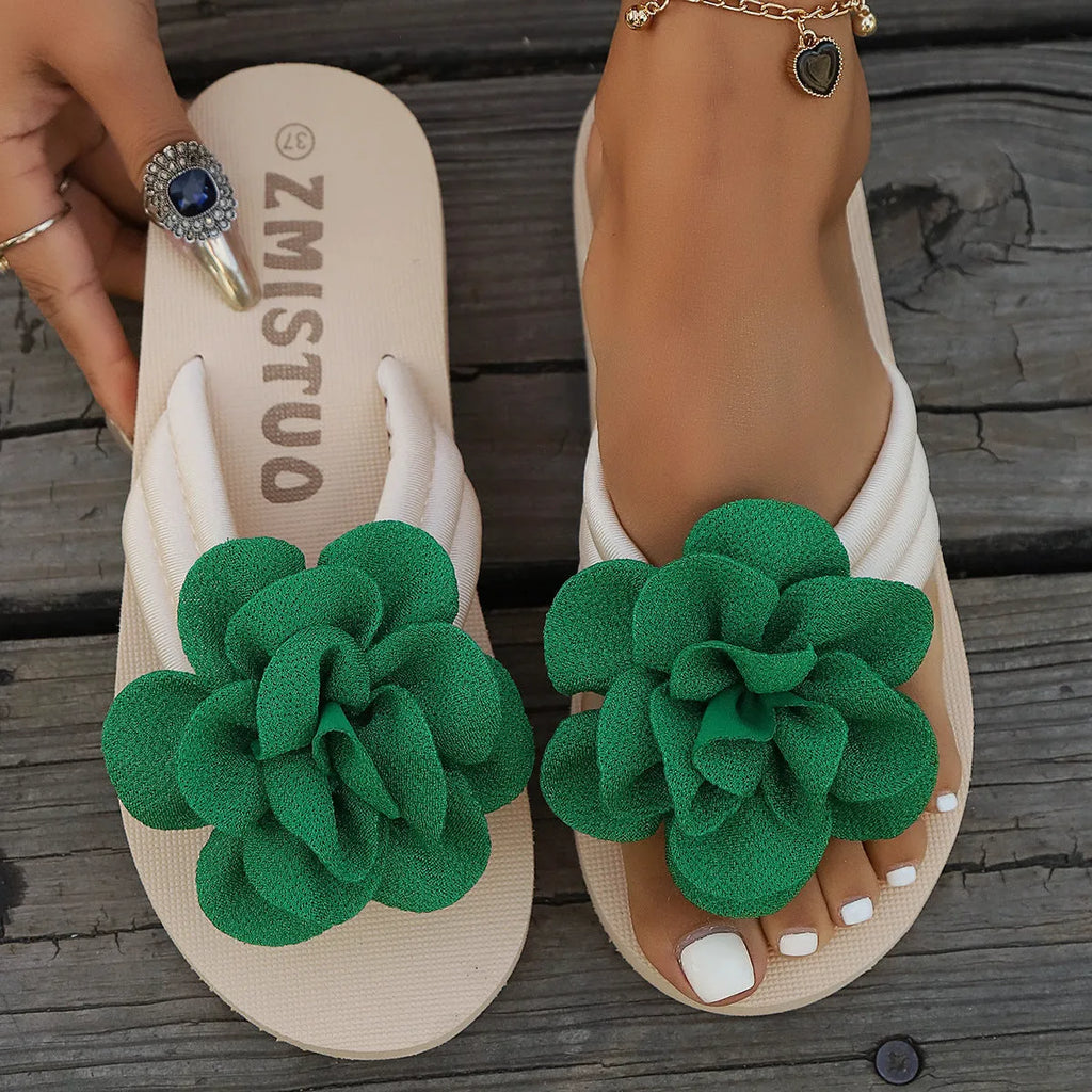Plus size women's PU leather flip-flop slippers with floral detail, shown in beige, green, and rose red.