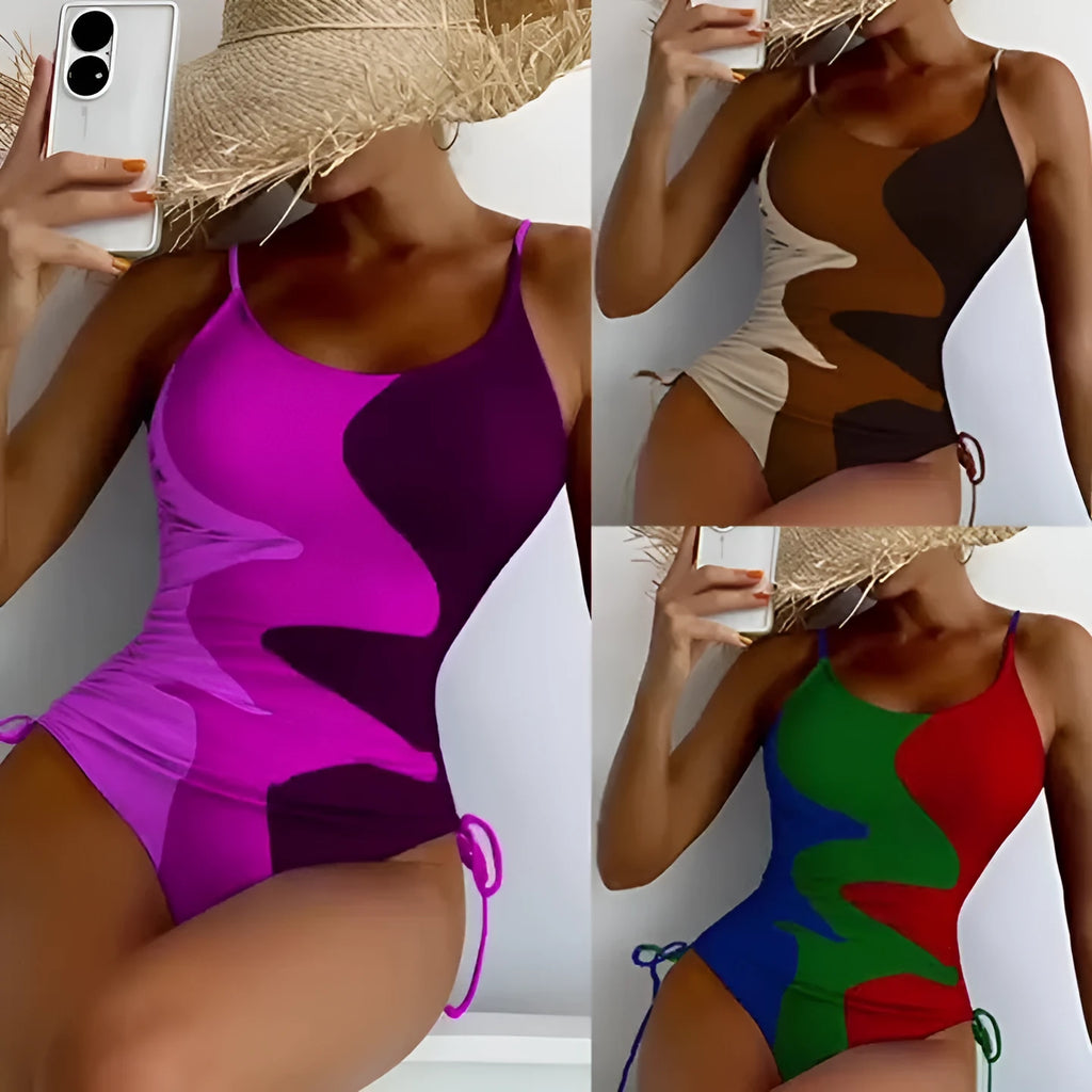Women's sleeveless backless one-piece swimsuit in blue striped print