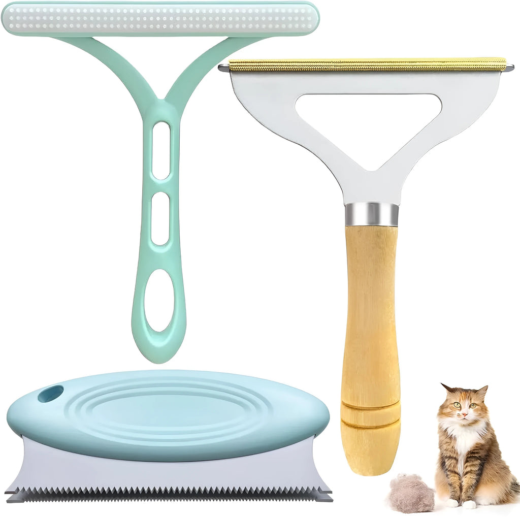 Three-piece pet hair remover set showing metal lint tool, silicone brush, and round scraper for clothes sofa car cleaning