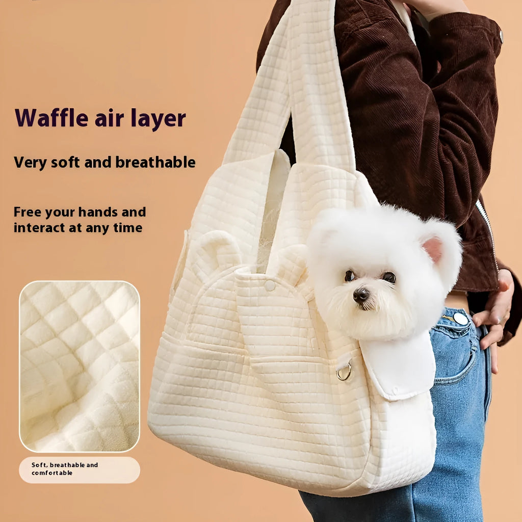 Grey quilted cross-chest pet backpack for small dogs and cats