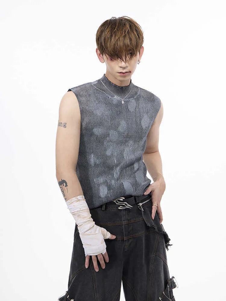 Men's black sleeveless wool vest t-shirt with silver pastebrushing effect and a stand collar