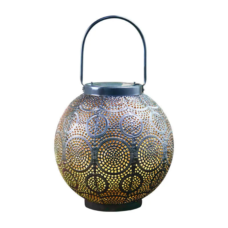 Solar-powered hollow decorative iron lamp for courtyard illumination