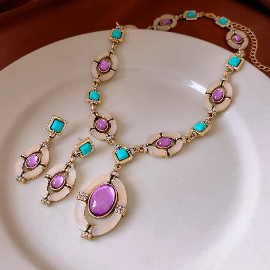 Diamond oval pendant earrings and clavicle necklace jewellery set in Chinese style alloy silver needle golden blue purple