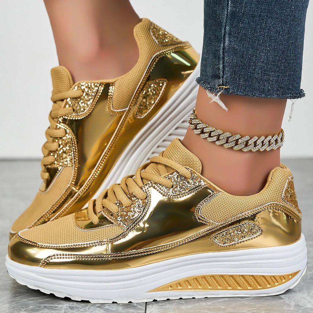 Women's outdoor travel leisure shoes in gold with mesh upper and round toe