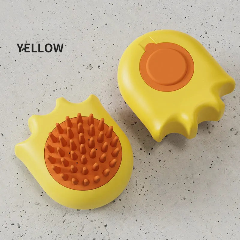 Blue pet bath brush and massage comb for dogs and cats with integrated shampoo box.