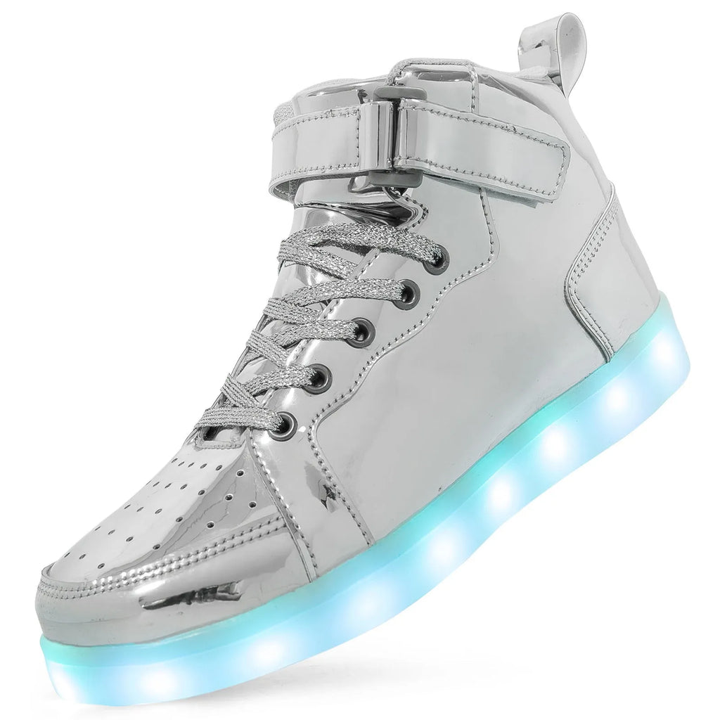 A pair of black high-top LED sneakers with Velcro straps and lights glowing in the rubber sole.