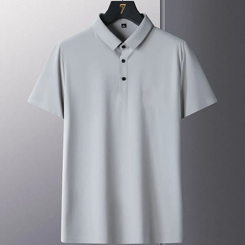 Non-ironing solid colour men's short sleeve business casual shirt on a hanger.