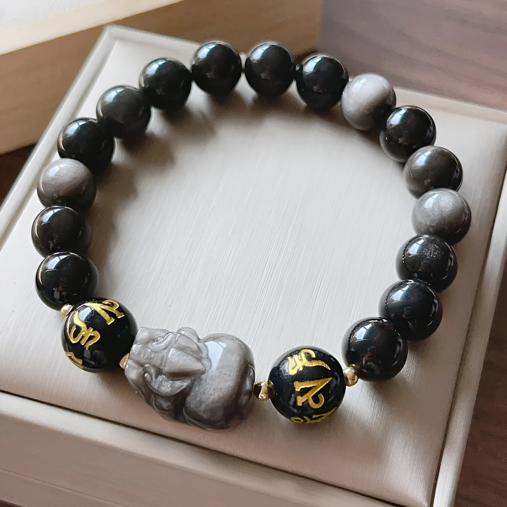 Men's silverstone bracelet with beadwork featuring Chinese proverbs, on a wrist.