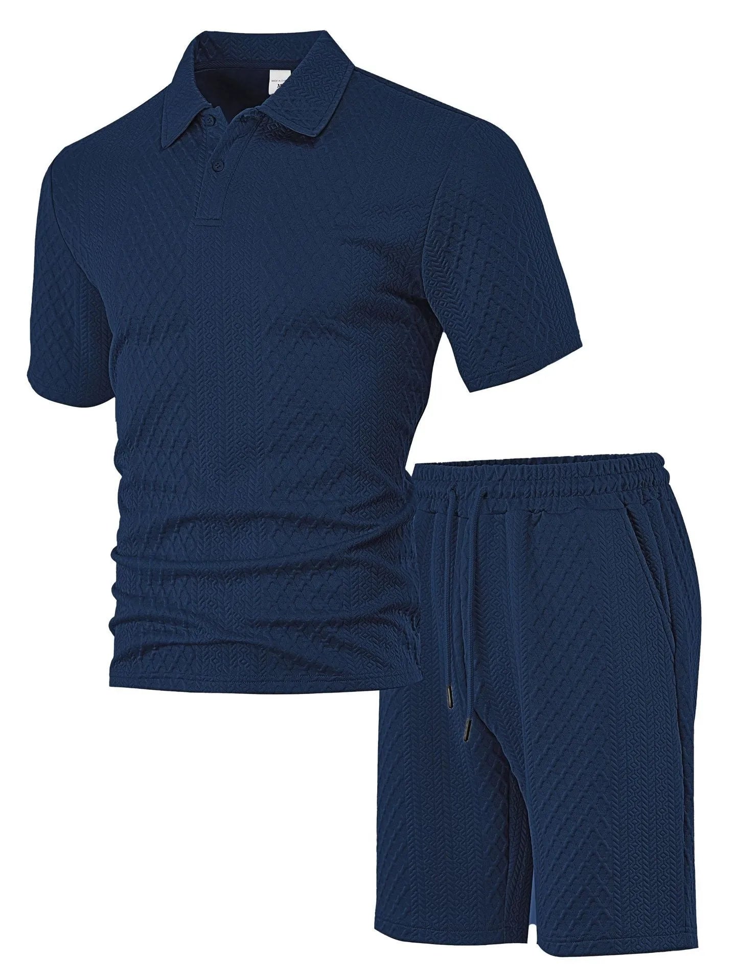 Men's patterned polyester casual suit with short-sleeve polo shirt and trousers in multiple colour options