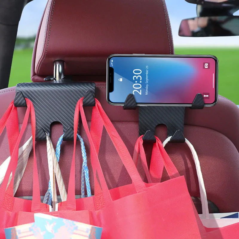 Black car multifunction hook bracket with integrated mobile phone holder for rear seat mounting