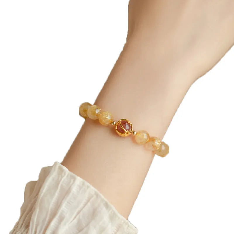 Natural gold rutilated quartz crystal bracelet with diamond-shaped beads in Korean style