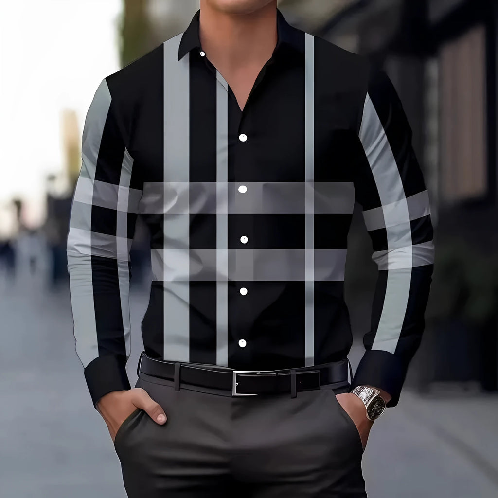 Men's striped long sleeve button down shirt with lapel collar in polyester fabric