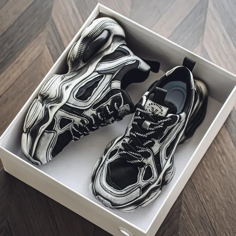 Men's black mesh sneaker with cross belt detail, platform sole, and front lace-up.