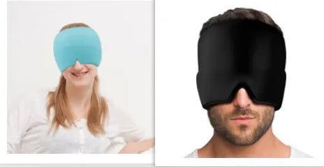 Black elastic cloth cooling gel eye mask for headache relief showing adjustable fit