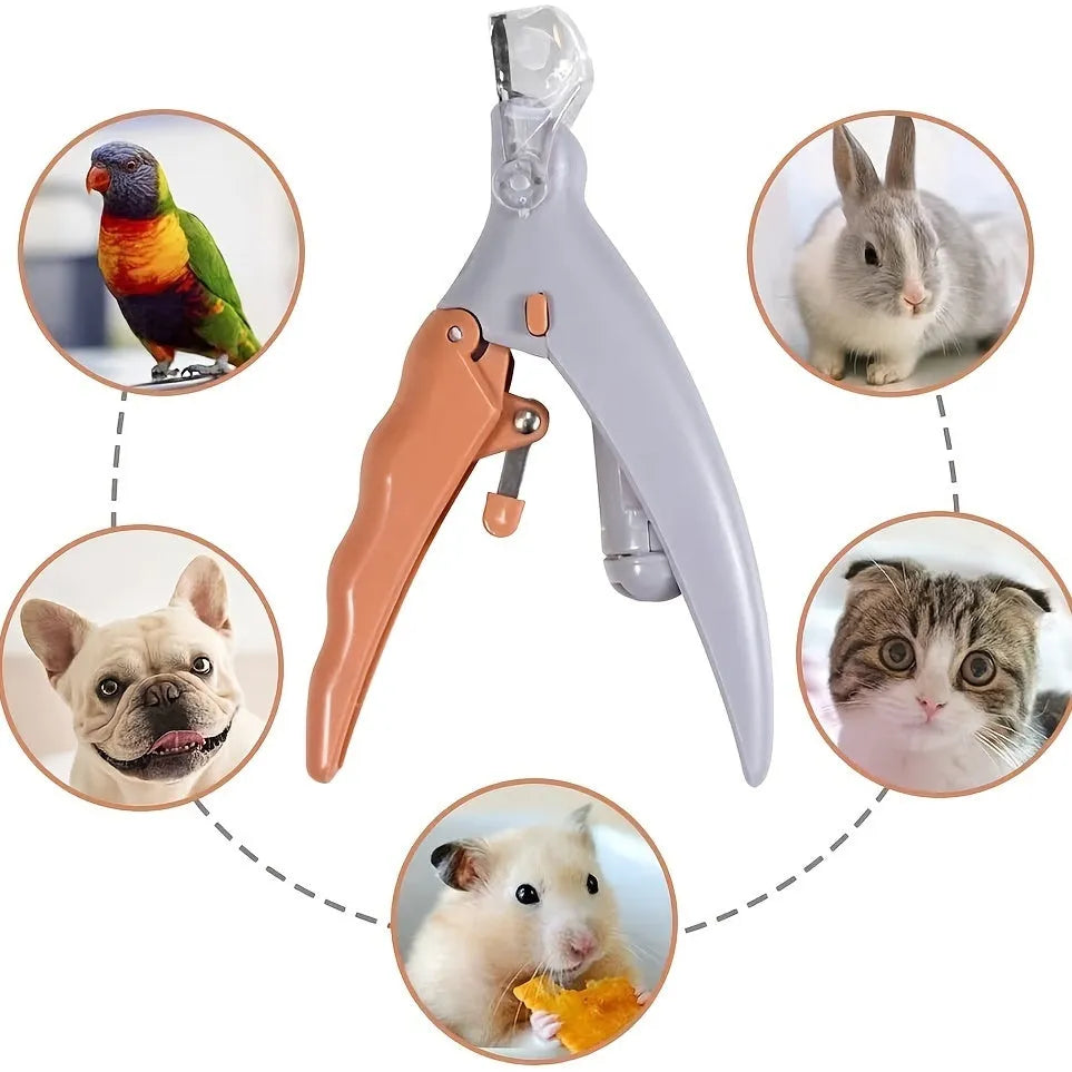 Yellow LED pet nail trimmer with magnifying glass, showing steel blades and on/off switch.