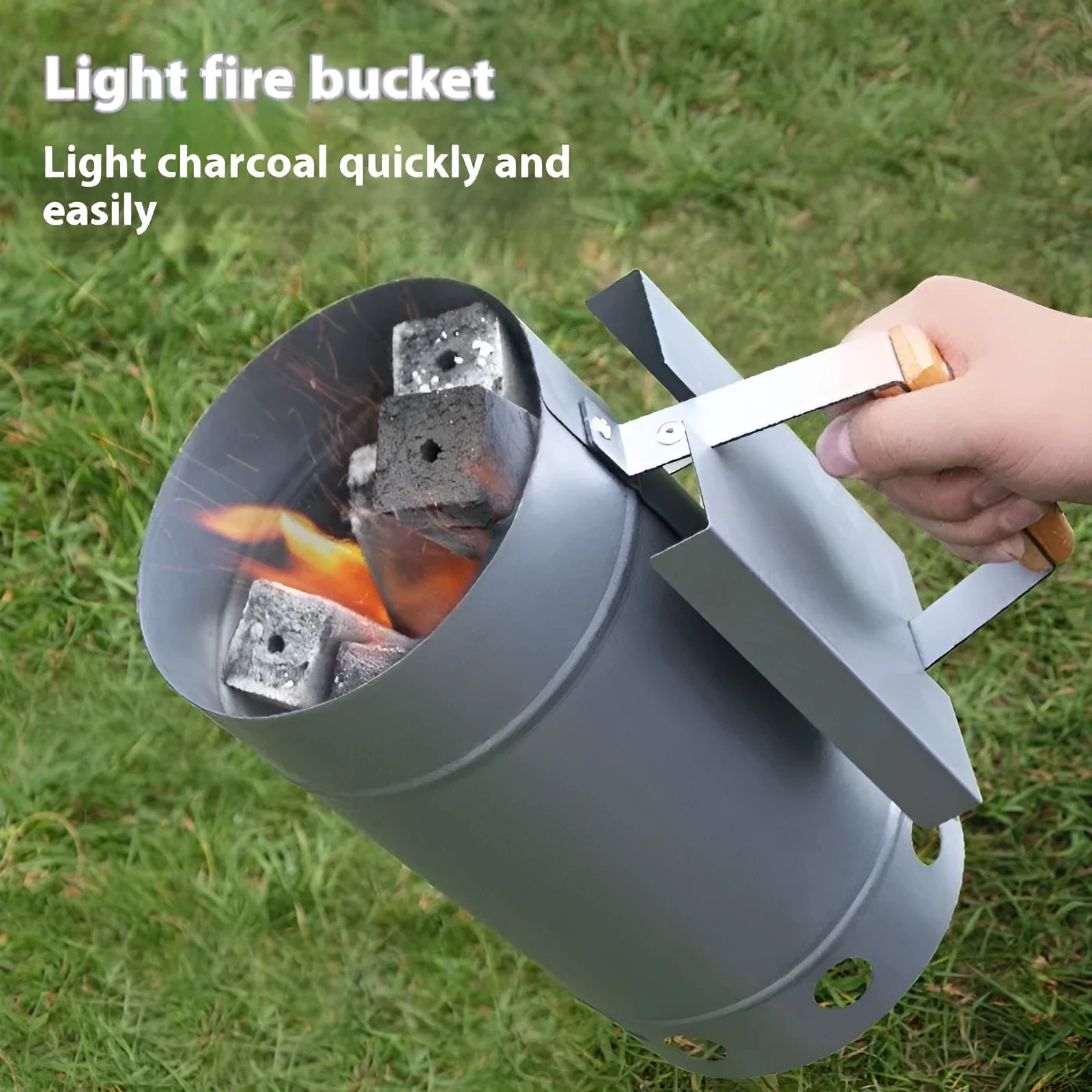 Zinc-iron alloy outdoor charcoal fire bucket with oven igniter, point carbon barrel style.
