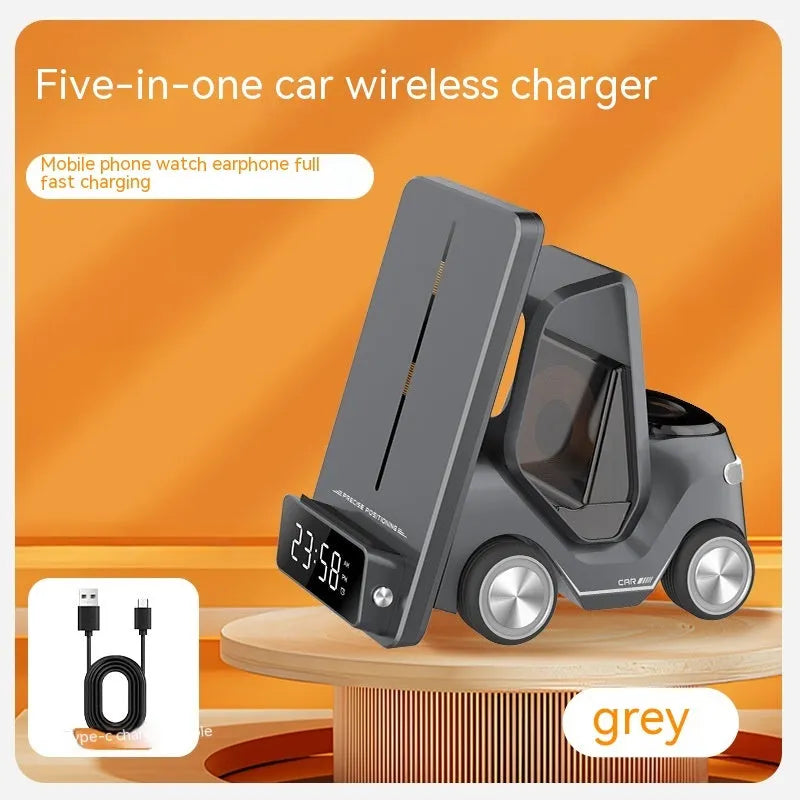 Grey three-in-one wireless charging bracket holding an iPhone, Apple Watch, and AirPods case, with integrated UK plug.