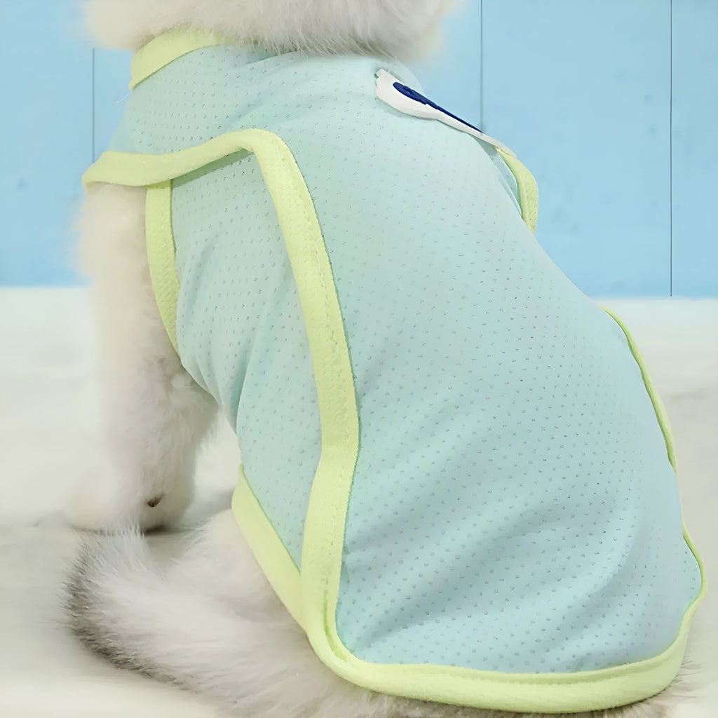 Grass green polyester vest for a cat on a white background, showing a sports-style fit.