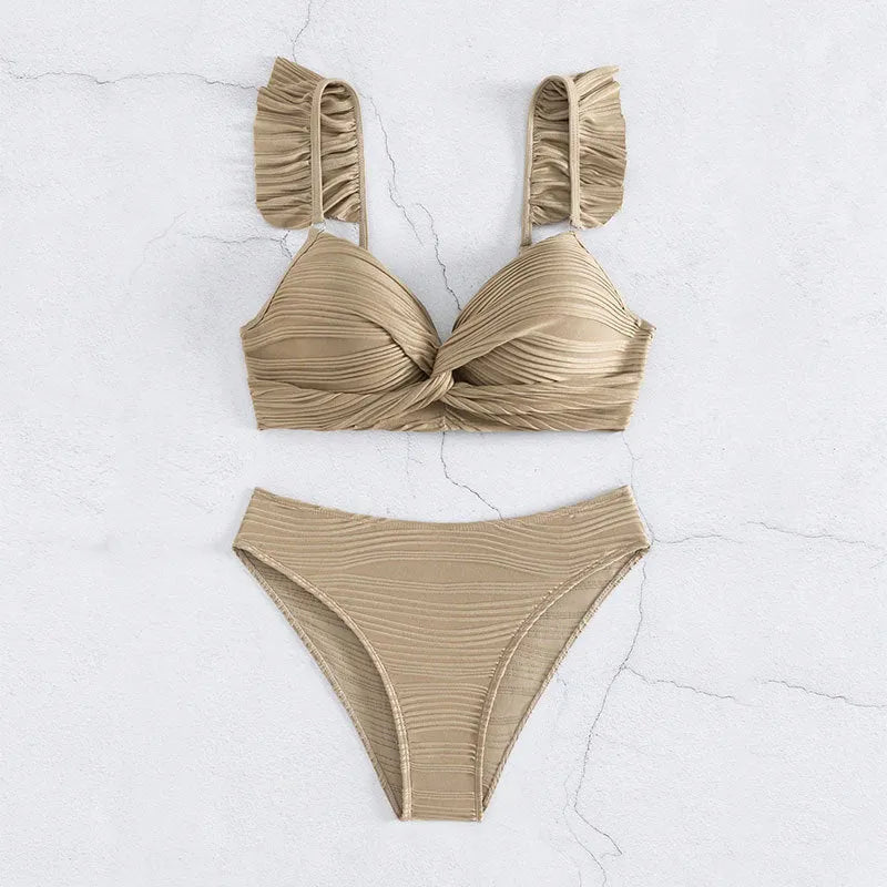 Solid colour women's bikini swimsuit set in black or khaki on a mannequin