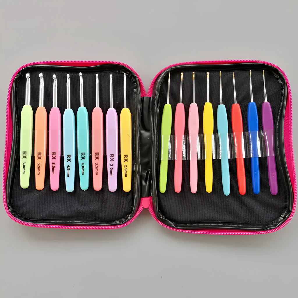 Set of 16 crochet hooks with thick and thin plastic handles in a grey PU storage bag.