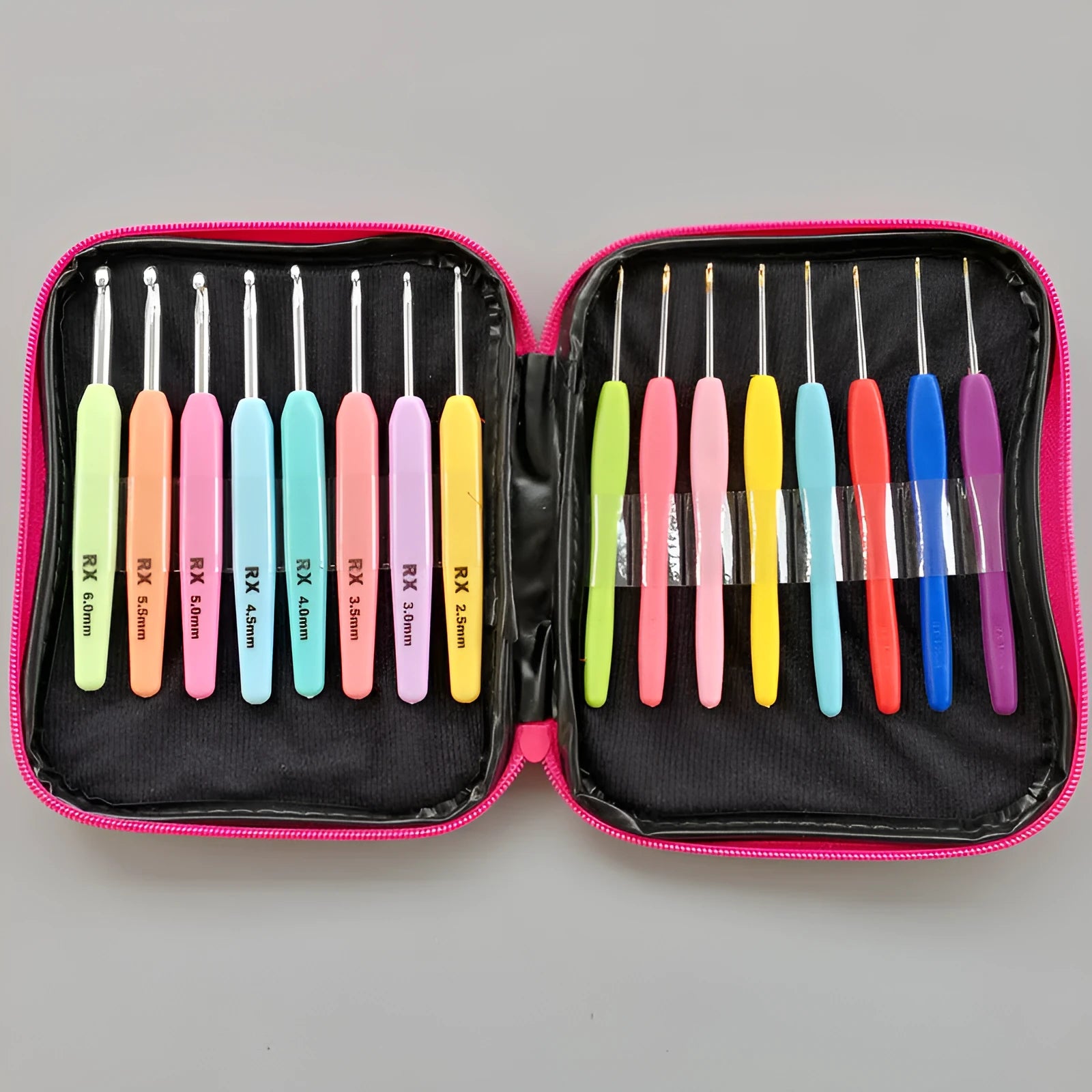 Set of 16 crochet hooks with thick and thin plastic handles in a grey PU storage bag.
