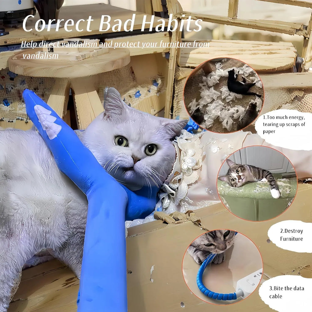 Blue plush cat wand toy with 70cm shaft and foam-filled head for interactive play