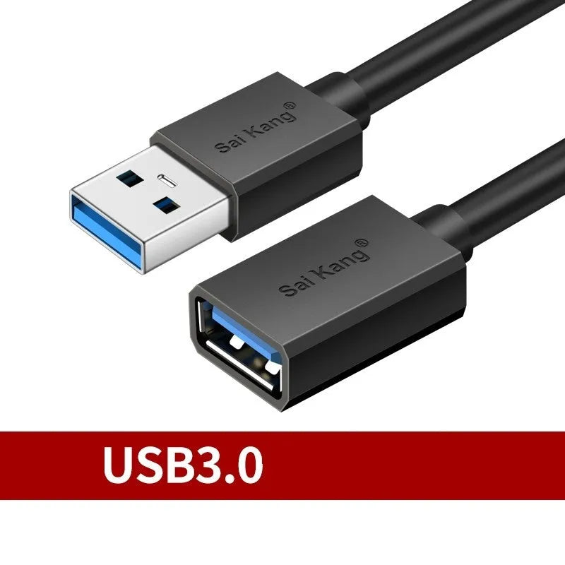 Black USB extension cable with male and female connectors showing different available lengths