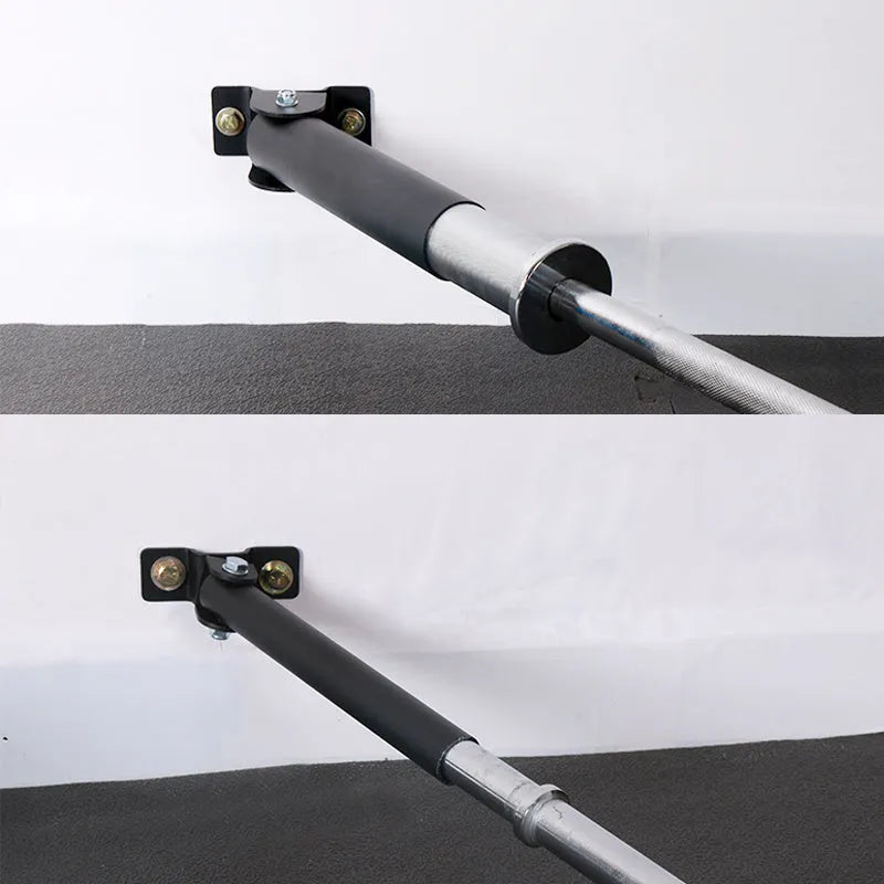Steel wall-mounted rack with 25 tubes for storing barbell rods.