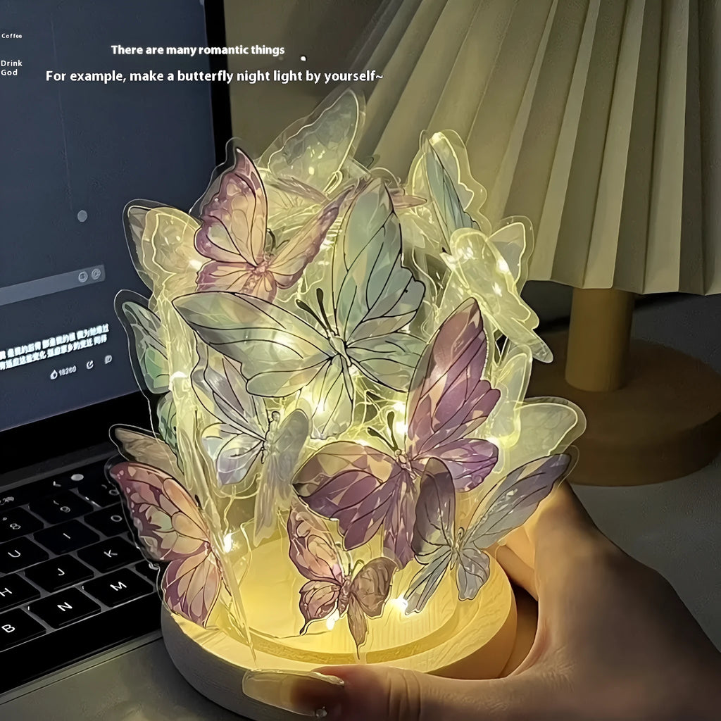 Butterfly night lamp with glass shade on wood base for bedroom bedside lighting