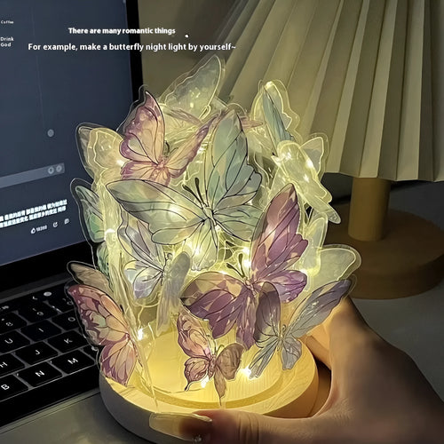 Butterfly night lamp with glass shade on wood base for bedroom bedside lighting