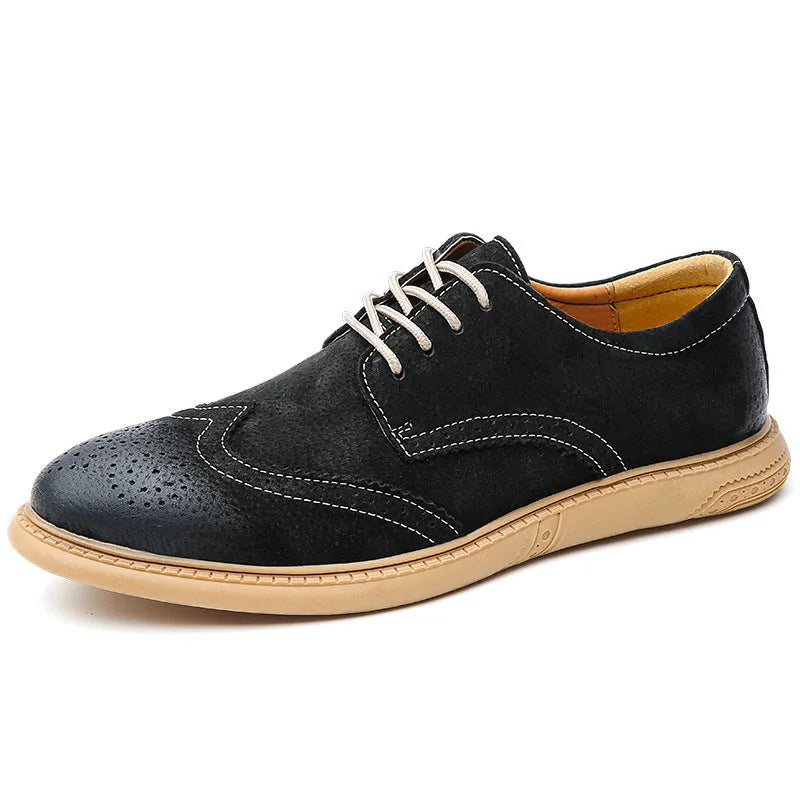Men's genuine leather low-top business shoes in black with retro lace-up design and a rubber sole.