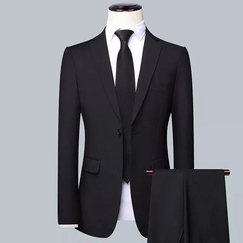 Men's Korean slim fit three-piece business suit set in black colour with tie