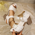 Plus size thick high heel sandals with buckle closure and rivet decoration in beige colour