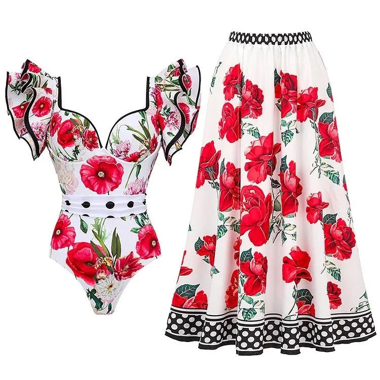 Women's floral printed one-piece polyester swimsuit on a hanger, showing skirted style.