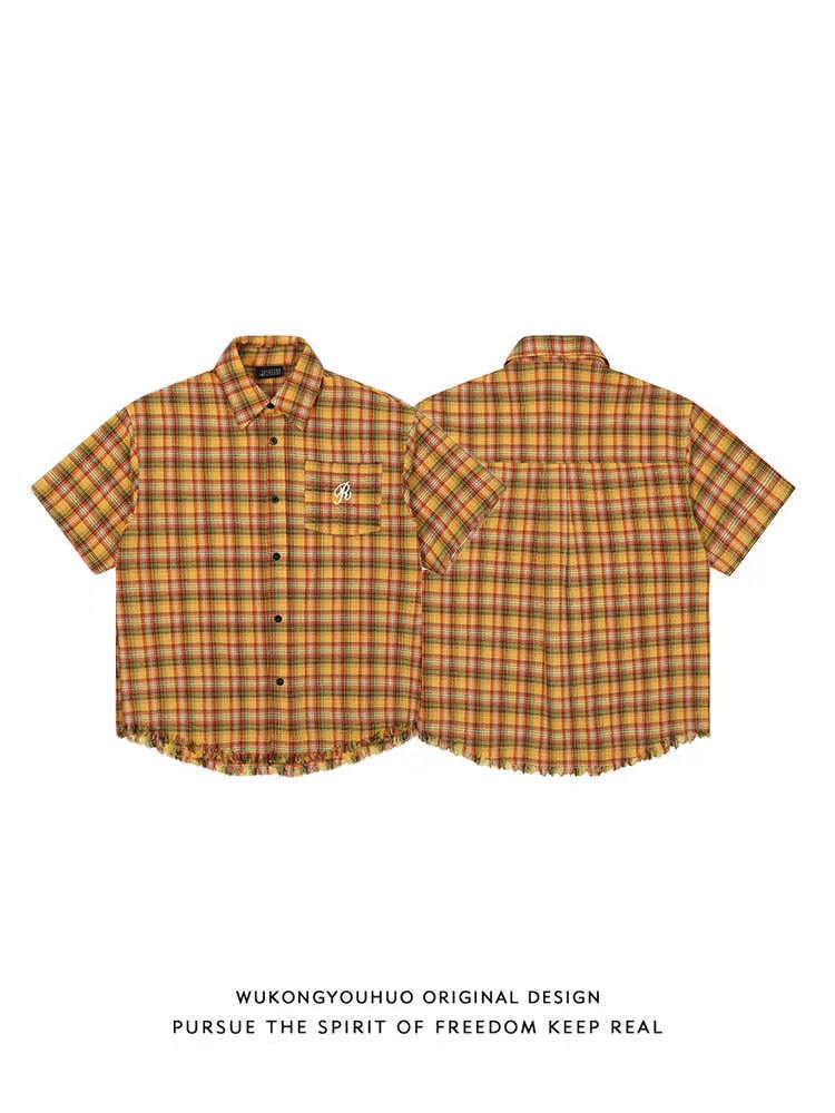 Yellow grid plaid shirt with embroidery pocket detail, loose fit short sleeve design