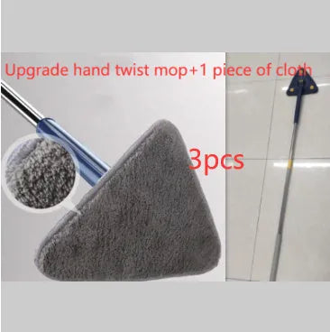 Blue and white extendable triangle cleaning mop with a rotating head on a long stainless steel pole.