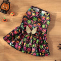 Orange and black Halloween dog costume with angel wings, shown in bright pumpkin and bright bat colours.