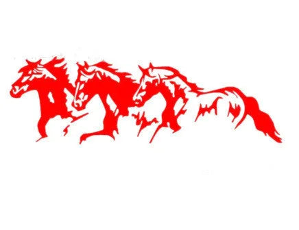 Three Horses design vinyl car sticker measuring 25 by 8 cm in black, white, red, and blue colour options.